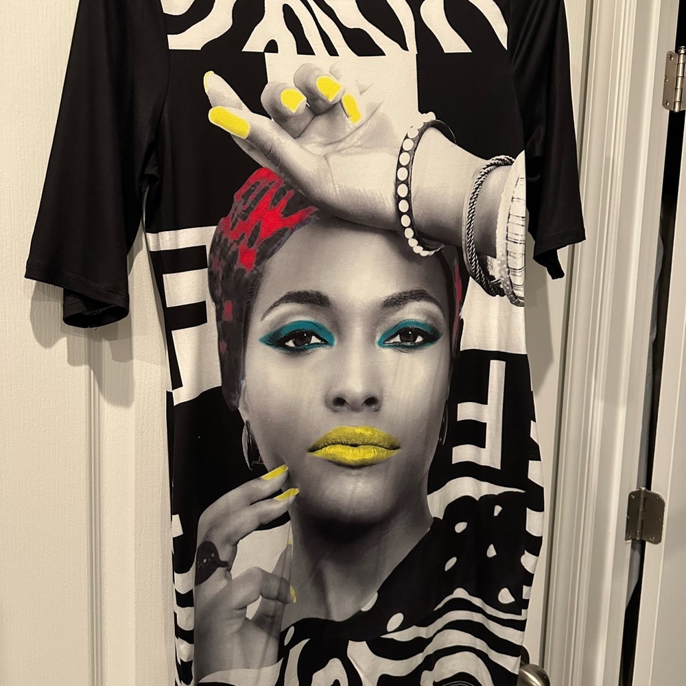 Graphic Black and White Dress with Colorful Print